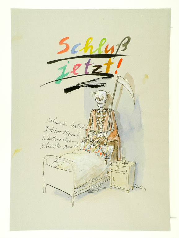 Ernst Kahl (*1949): „Schluss jetzt!“ 1992. Wilhelm Busch – Deutsches Museum für Karikatur und Zeichenkunst.